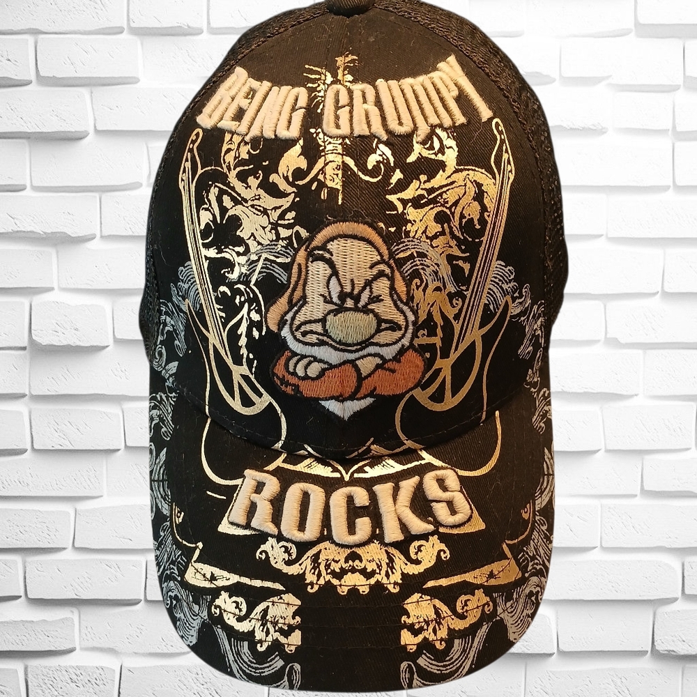 Disney "Being Grumpy Rocks" Mesh Back Hat, Black&Gold Adjustable